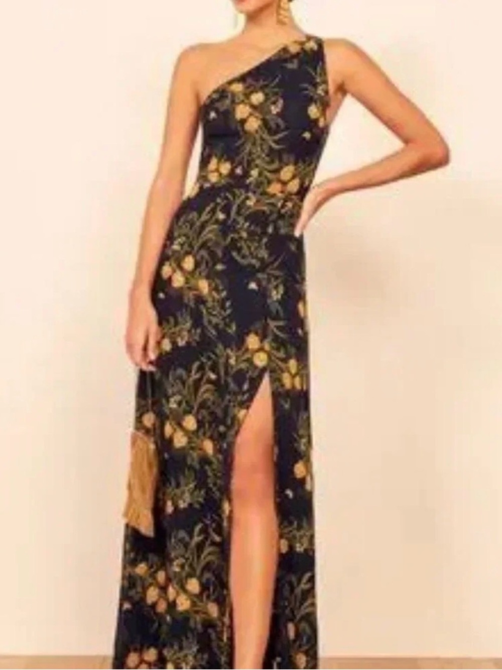 Reformation Evelyn Navy One-Shoulder Floral Maxi Dress with High Slit
